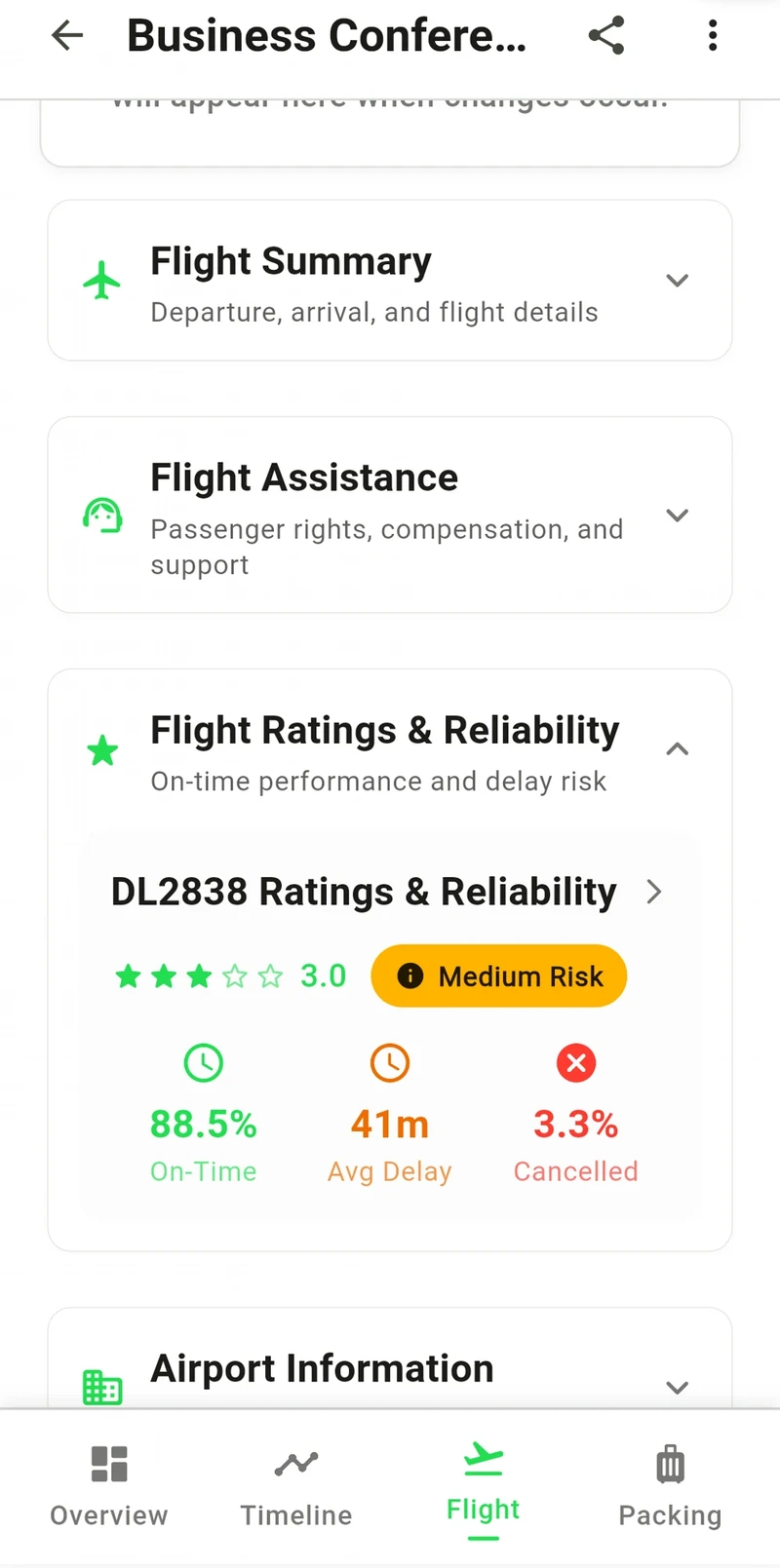 Tripsee flight reliability ratings showing on-time percentage, average delay, and cancellation rate